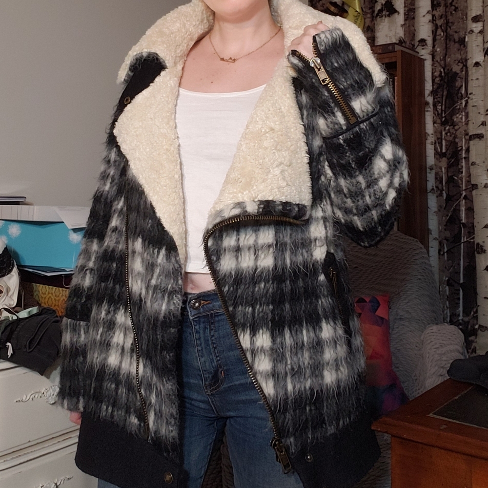 Free People oversized fuzzy plaid coat